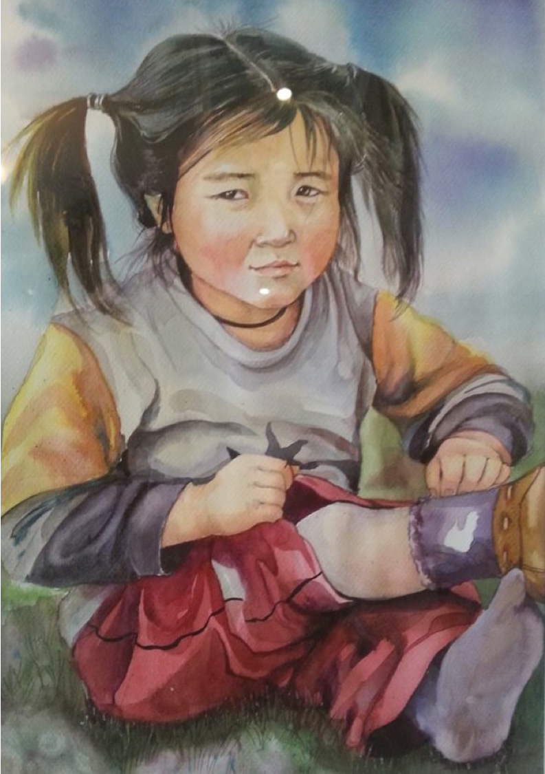 Aquarelle représentant un enfant mongol qui pleure après une chute de cheval
